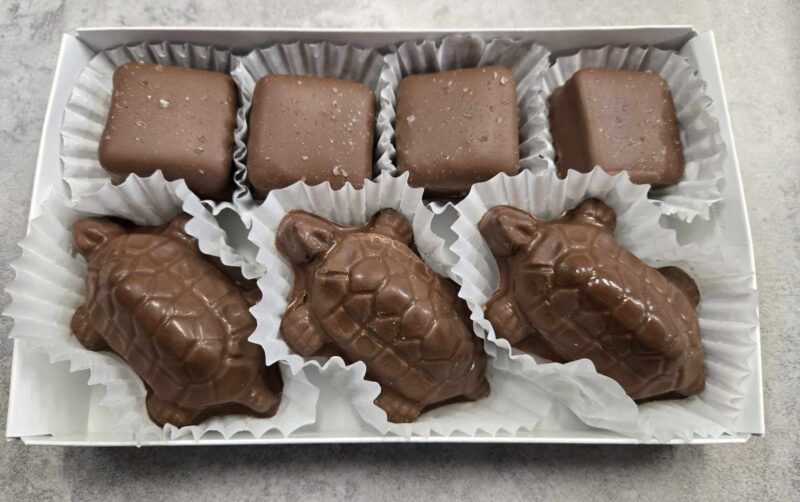 4 pieces of salted caramels, 3 pieces of pecan caramel filled turtles